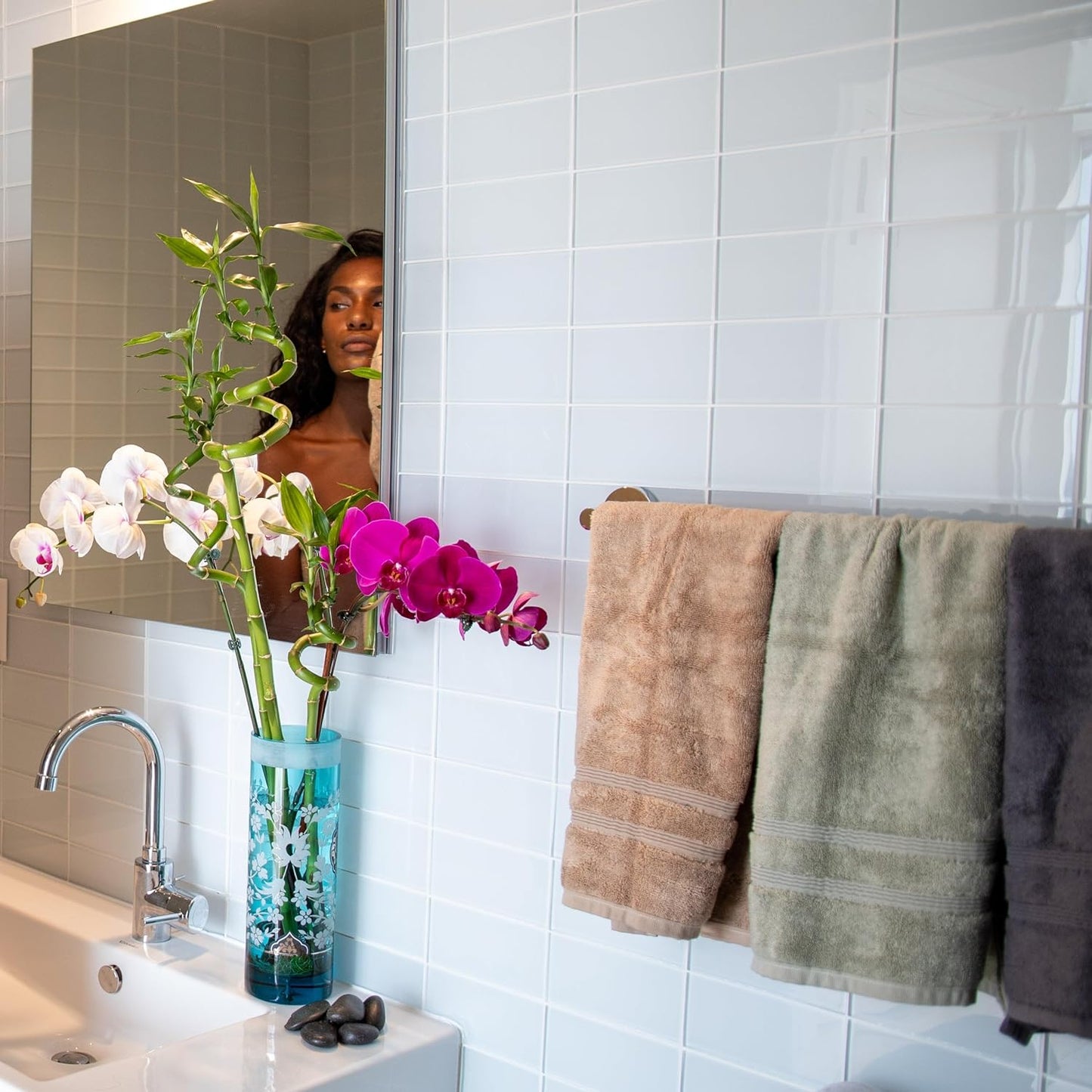 Mosobam Luxury Turkish Set of 4 Hand Towels 16X30 Allure Blue 700 GSM Bamboo Viscose & Aegean Turkish Combed Cotton