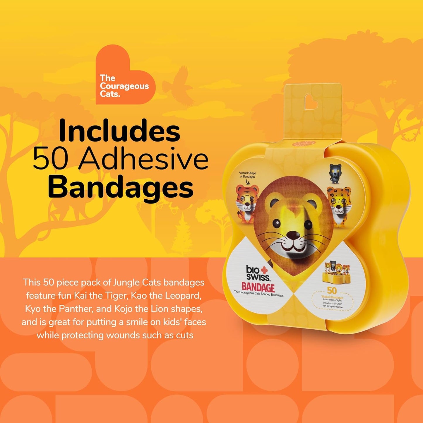 BioSwiss Kids Bandages, Courageous Cats Shaped Self Adhesive Bandage Set, Latex Free, Sterile Wound Care, 50 Count