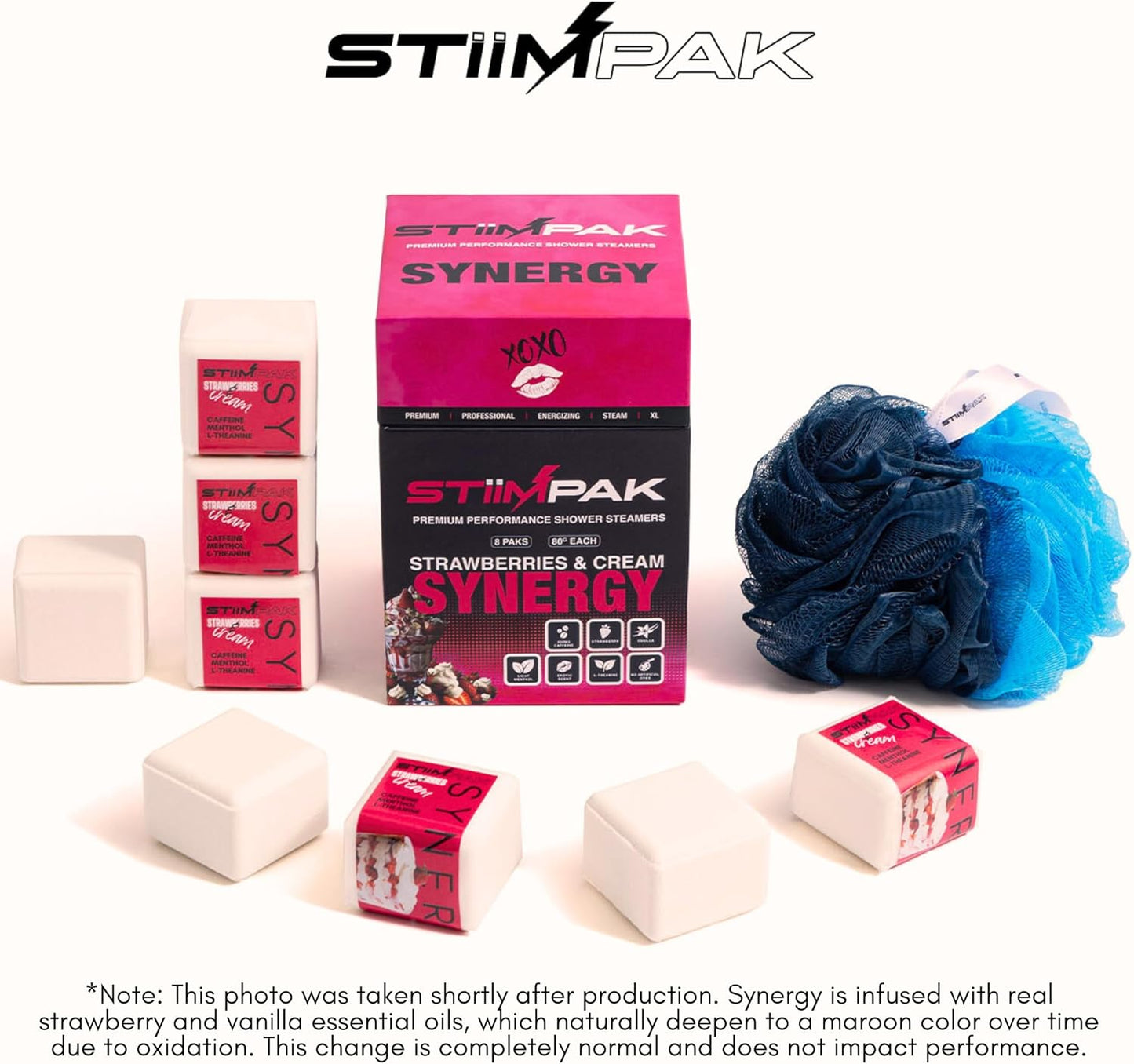 Shower Steamers | Synergy | XL 80g | Intimacy, Relaxation & Self-Love Aromatherapy | Caffeine, L-Theanine & Menthol | Gift for Women | Strawberry Vanilla | STiiMPAK (8 Pak + Loofah)