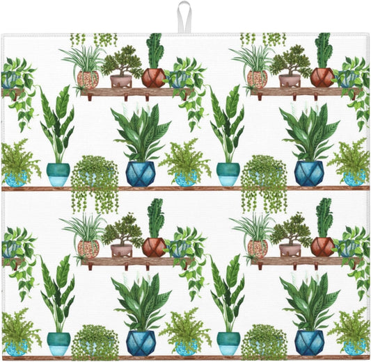 Green Plant Dish Drying Mat for Kitchen Counter Cute Dish Drainer Rack Mats 16"x18" Absorbent Reversible Drying Pad