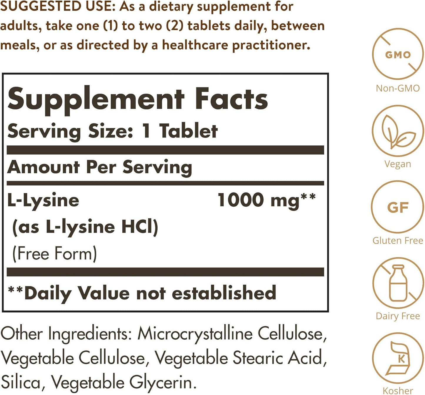 Solgar L-Lysine 1000 mg, 250 Tablets - Enhanced Absorption and Assimilation - Promotes Integrity of Skin and Lips - Collagen Support - Amino Acids - Non-GMO, Vegan, Gluten Free - 250 Servings