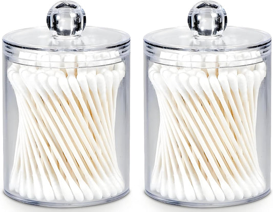 AXX Qtip Dispenser Apothecary Jars Bathroom - Qtip Holder Storage Canister Clear Plastic Jar for Cotton Swab,Q-Tips,Cotton Rounds (Clear 2Pcs)