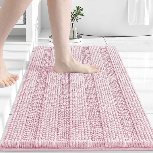 Grandaily Chenille Striped Bathroom Rugs 30x20, Extra Thick and Absorbent Bath Mats, Non-Slip Soft Plush Shaggy Shower Carpet, Machine Wash Dry, Bath Rug for Bathroom, (Medium, Pink)