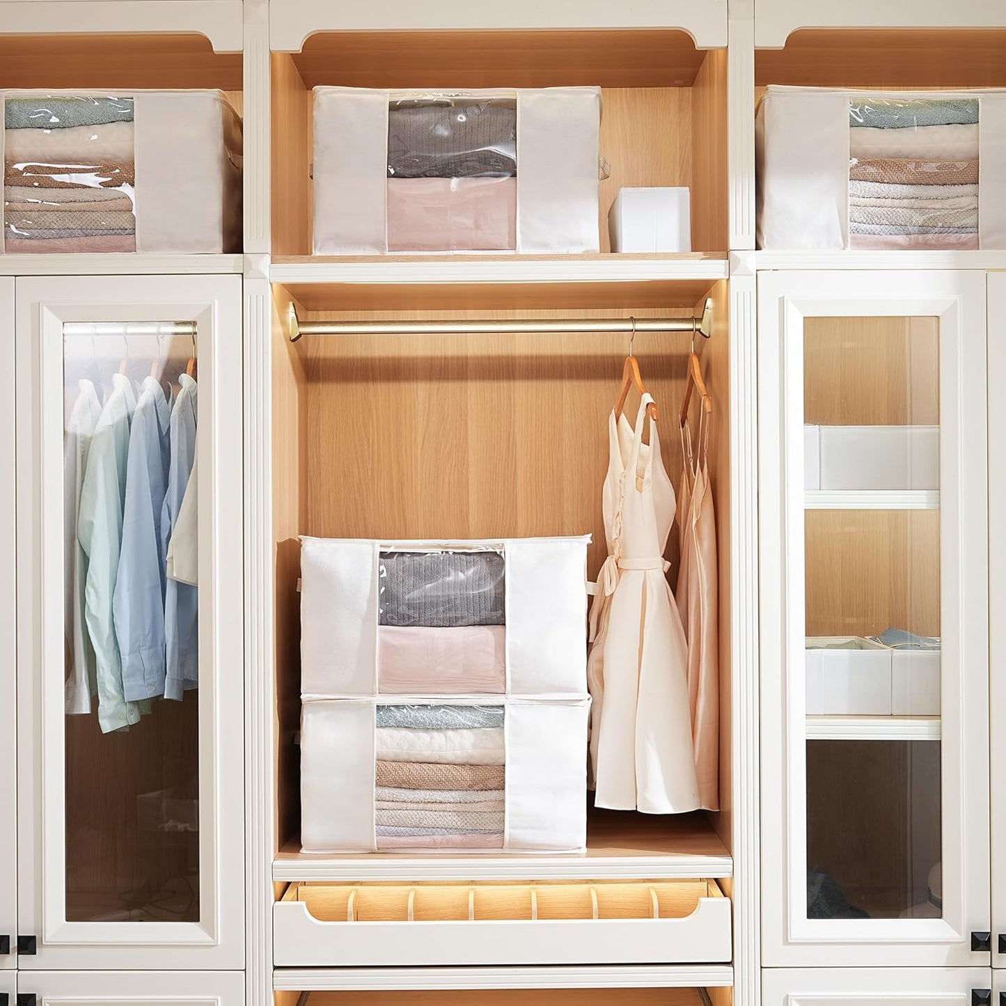 TYEERS Large Storage Bags with Zipper and Clear Window, Cotton Blended Fabric Storage Containers for Seasonal Clothes and Bedding, 23.6x15.7x13.8 Inches, 4-Pack, Beige