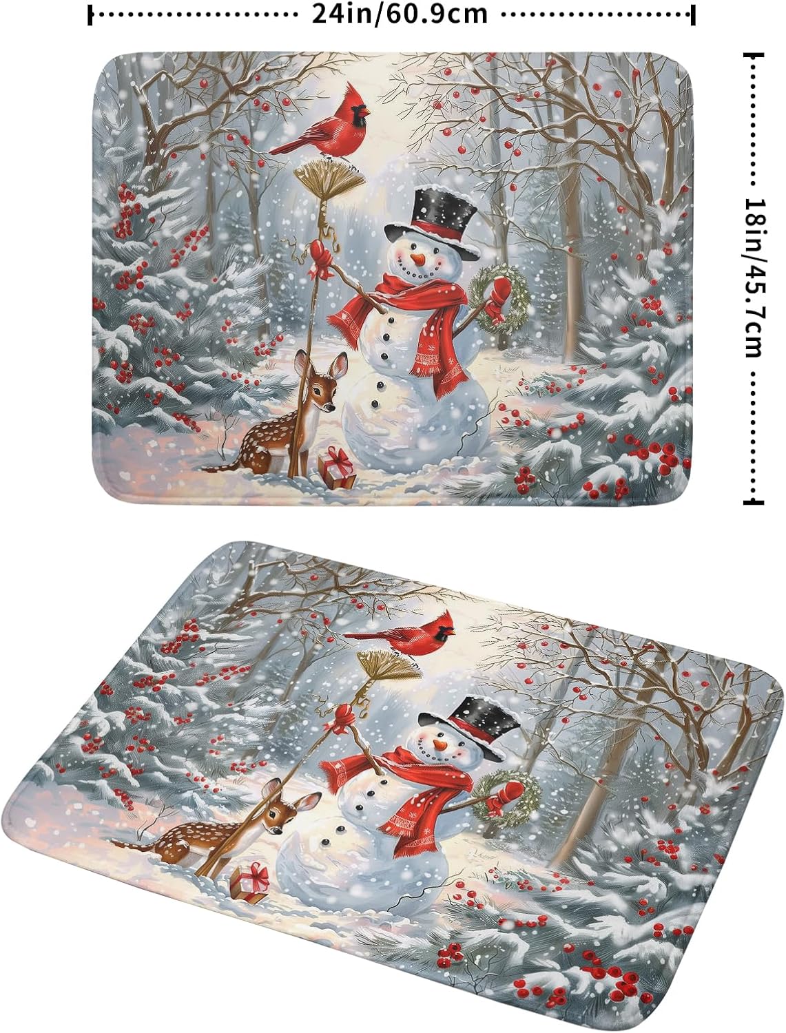 Winter Snowman Dish Drying Mat for Kitchen Counter Red Bird Berry Dishes Drainer Mats Holiday Microfiber Absorbent Dish Rack Pad 18x24 Inch