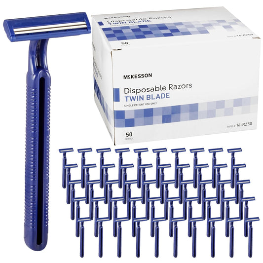 McKesson Disposable Razors [50 Count] – Twin Blade Bulk Shaving Razors for Men & Women, Stainless Steel, Blue, Single-Use for Medical Clinics, Tattoo, Travel, Camping & Salon Care