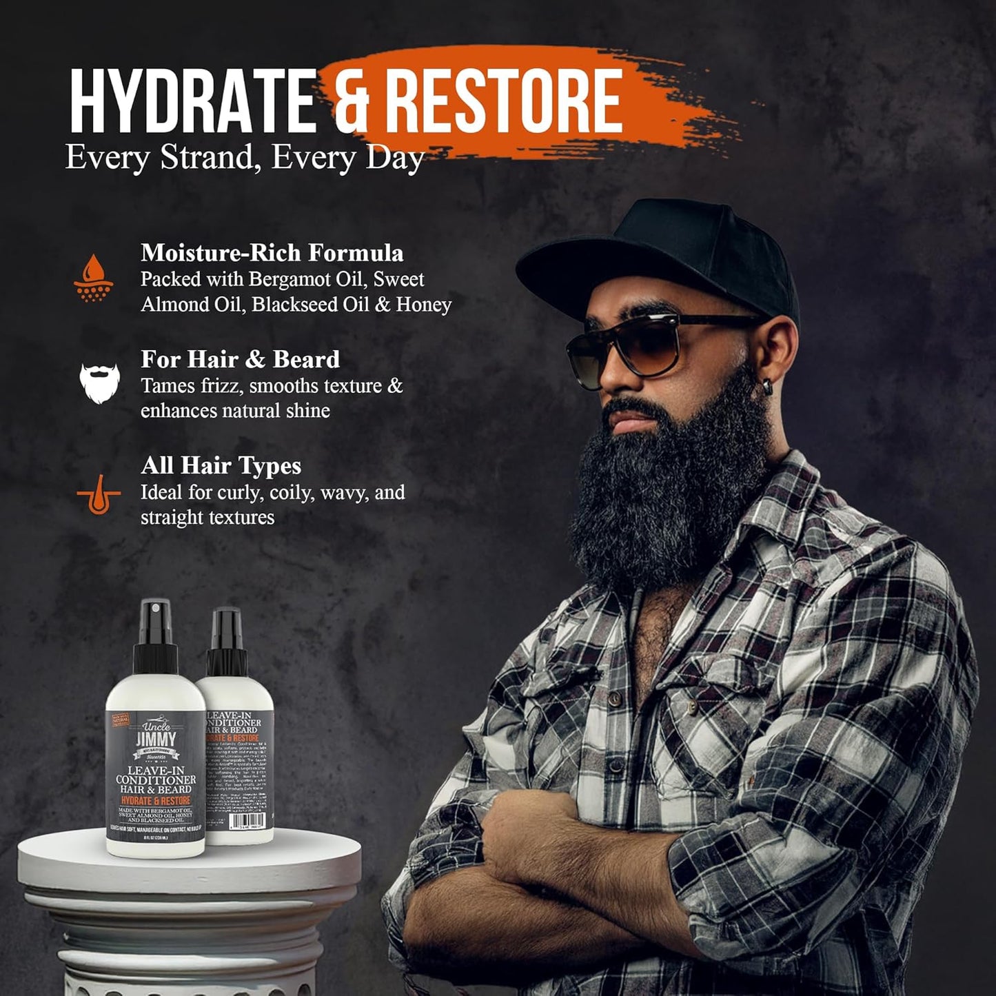 Uncle Jimmy Products Leave-In Conditioner for Healthy Beard Growth, Softening Hair, Hydrating Skin, and Eliminating Dandruff - 8 Fl Oz