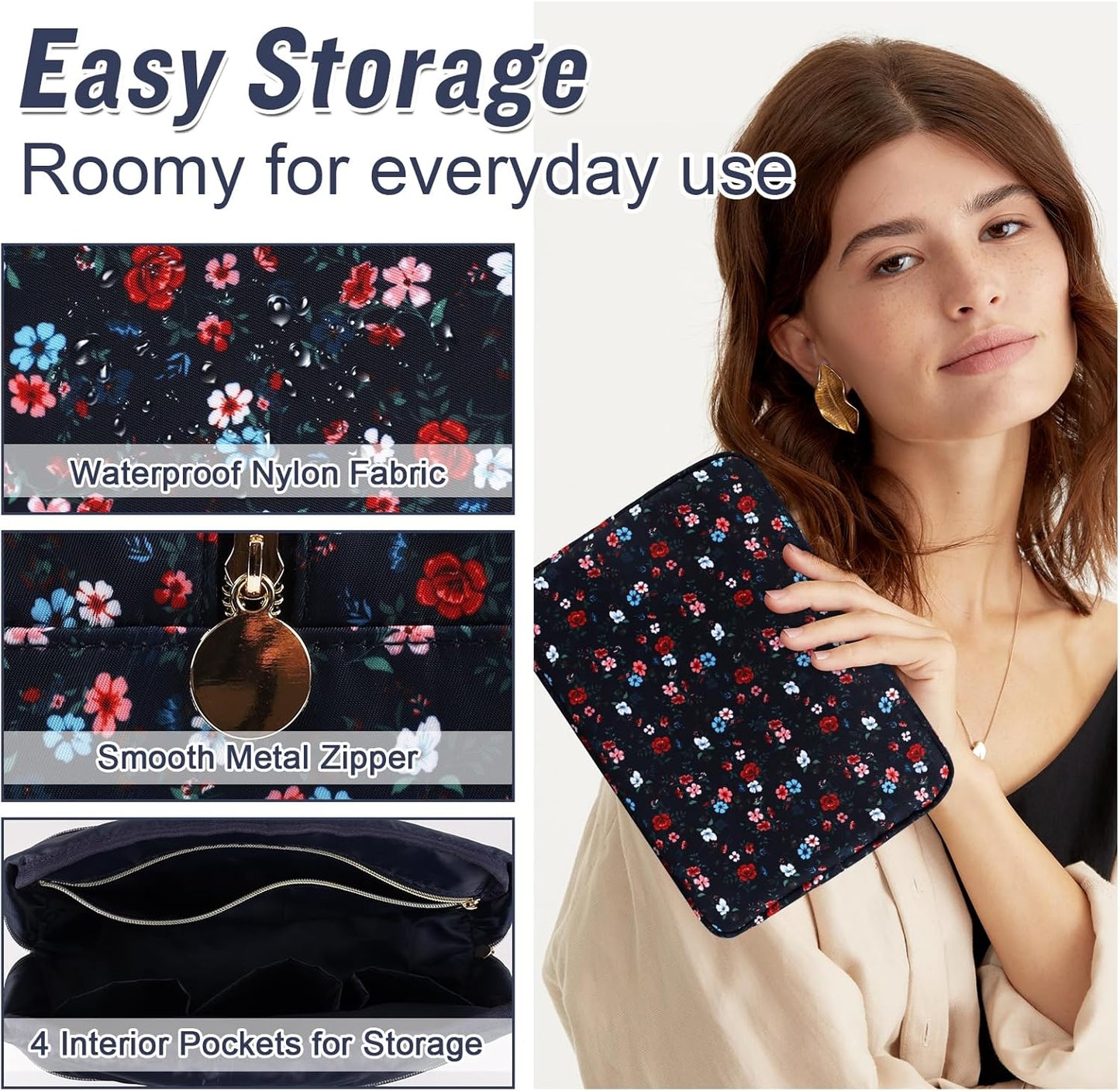 Nylon Large Floral Makeup Organizer Bag, Preppy Big Cute Flower Cosmetic Zipper Pouch Multi-compartment with Dividers, Waterproof Toiletry Makeup Brushes Travel Essentials for Women(Navy Blue-Flower)