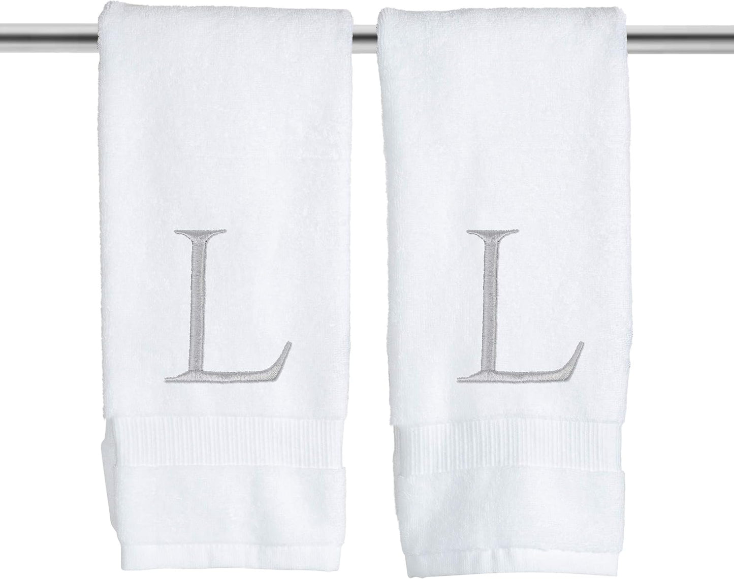 Monogrammed Hand Towels for Bathroom - Luxury Hotel Quality Personalized Initial Decorative Embroidered Bath Towel for Powder Room, Spa - GOTS Organic Certified - Set of 2 Letter L