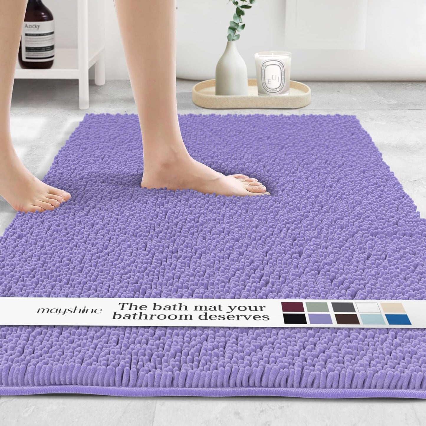 MAYSHINE Plush Shaggy Chenille Bath Mat | Extra Soft, Super Absorbent, Non-Slip Bathroom Rug | Fluffy Microfiber, Area Rug Sets for Bathroom Floor, Kitchen, Living Room | 59"x31" | Lavender