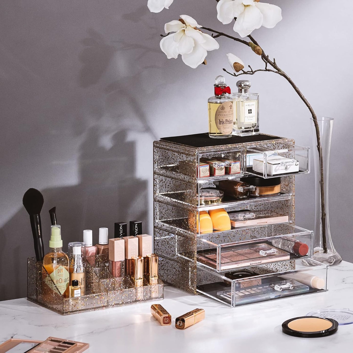 Sorbus Clear Cosmetic Makeup Organizer - Make Up & Jewelry Storage, Case & Display - Spacious Design - Great Holder for Dresser, Bathroom, Vanity & Countertop (4 Large, 2 Small Drawers) [Glitter]