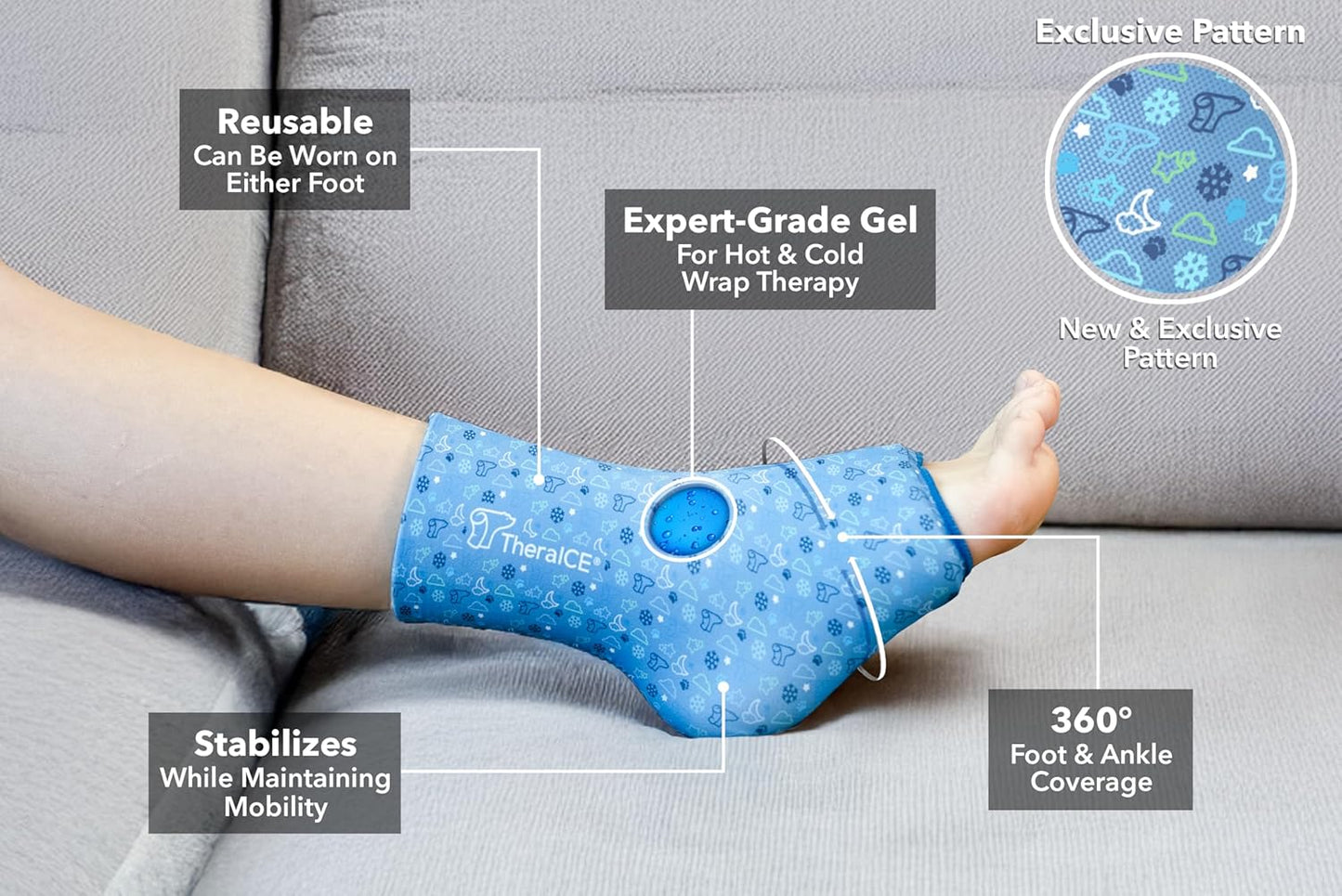 TheraICE Junior Ankle Ice Pack Wrap for Swelling, Reusable for Sprained Ankle Injuries, Cold Therapy Sock Compression, Plantar Fasciitis Relief, Achilles Tendonitis, Sore Feet, Foot & Heel (X-Small)