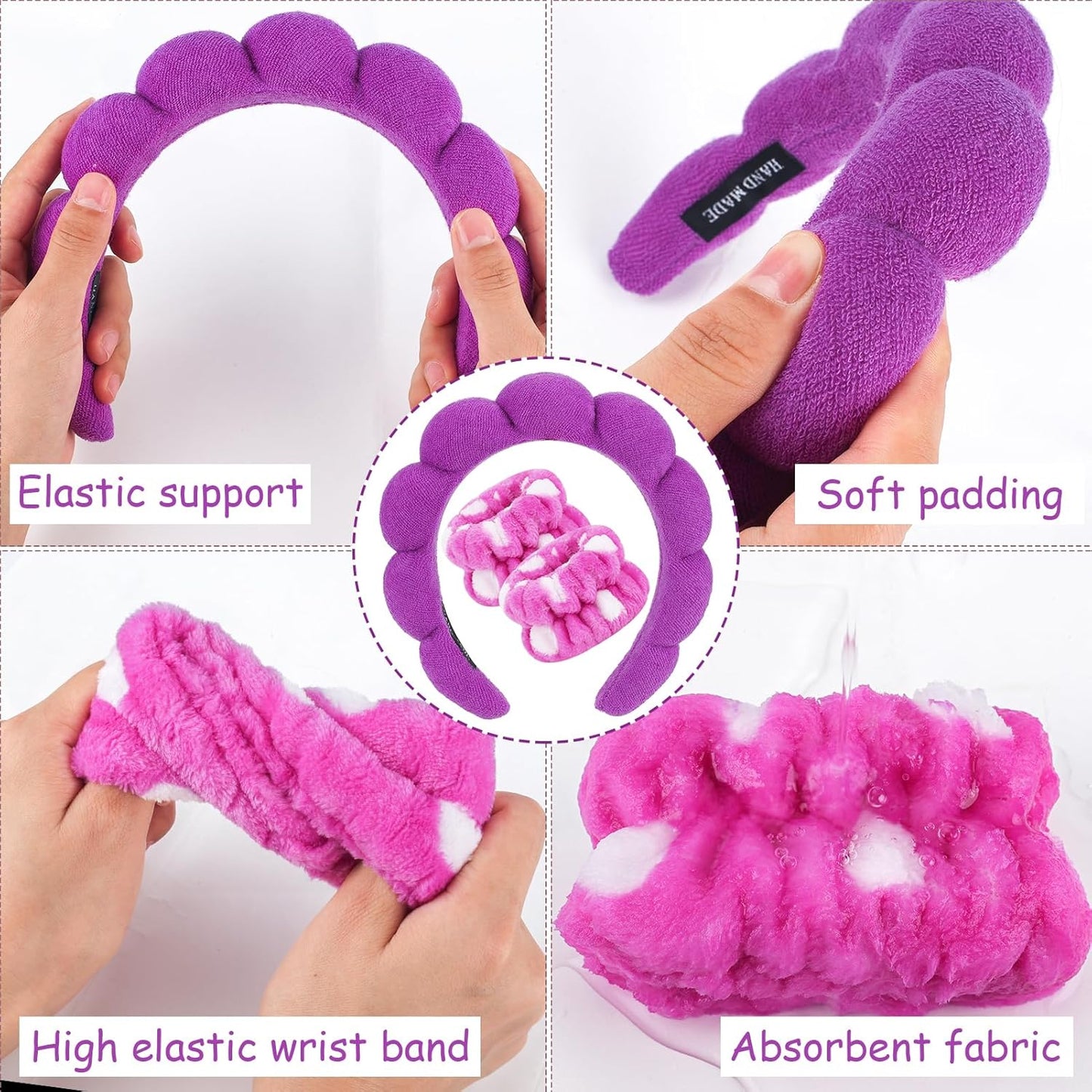 Zkptops Spa Headband for Washing Face Wristband Set Sponge Makeup Skincare Terry Cloth Bubble Soft Get Ready Hairband for Women Girl Puffy Padded Headwear Non Slip Thick Hair Accessory(Dark Purple)