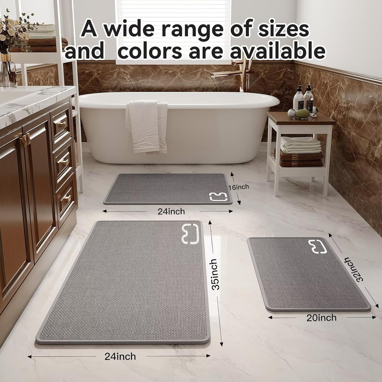 Ultra Thin Braided Bathroom Rugs Bath Mat Non Slip Washable, Rubber Backing Super Absorbent Thin Bathroom Rug Fit Under Door, Quick Dry Entrance Bath Rug Shower Floor Mat, Gray 20"x32"