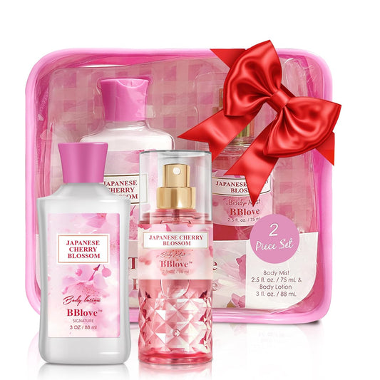 Japanese Cherry Blossom Bath and Body Gift Set - 2-Piece Travel Skincare Essentials (3oz Body Lotion + 2.5oz Fragrance Mist) Lightweight Hydrating Duo, Holiday Gift Set