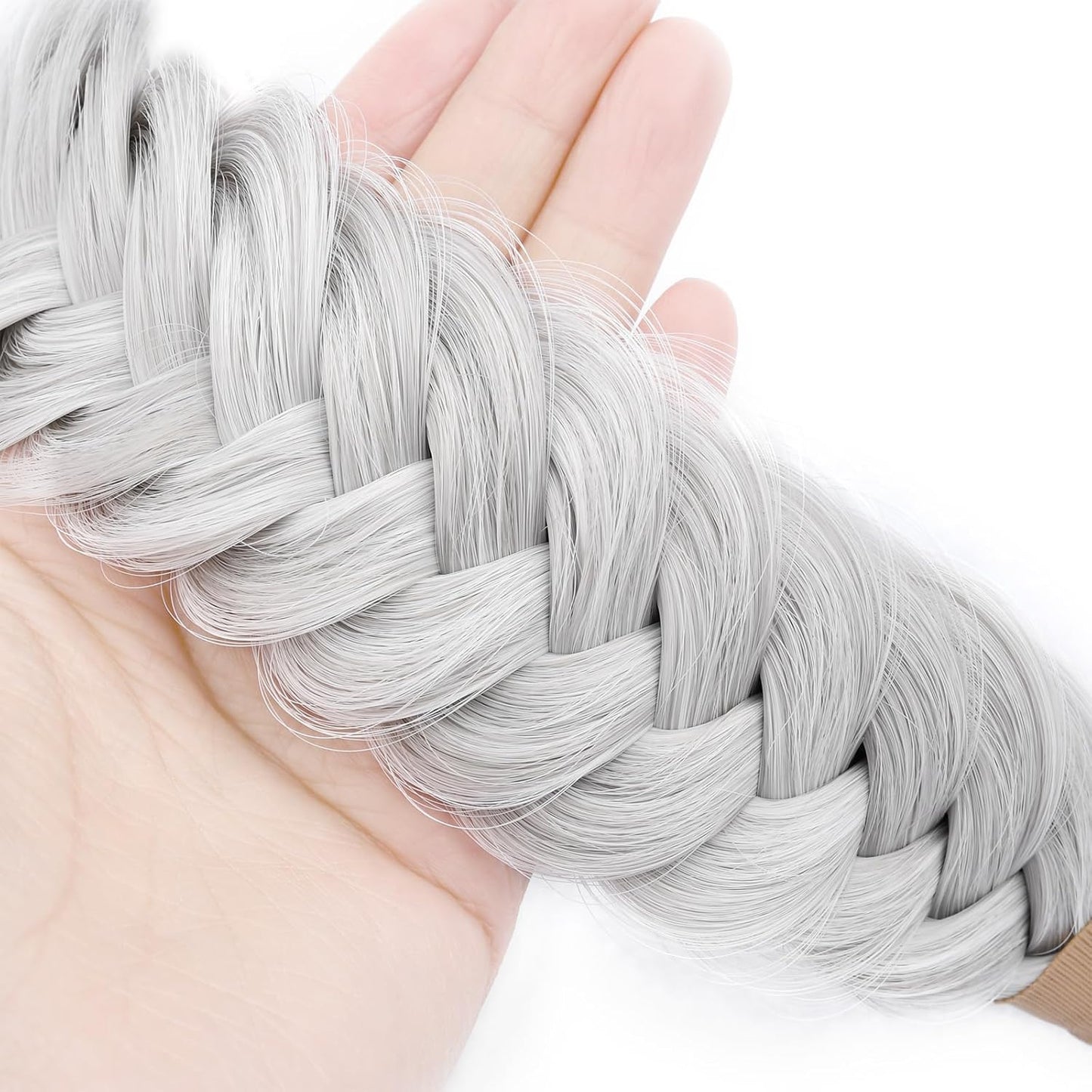 DIGUAN Wide Messy Braided Headband With Teeth Synthetic Hair Plaited Headband High Elasticity Braids Chunky Fishtail Braided Hair Band Hairpiece for Girls Women (White Gray)