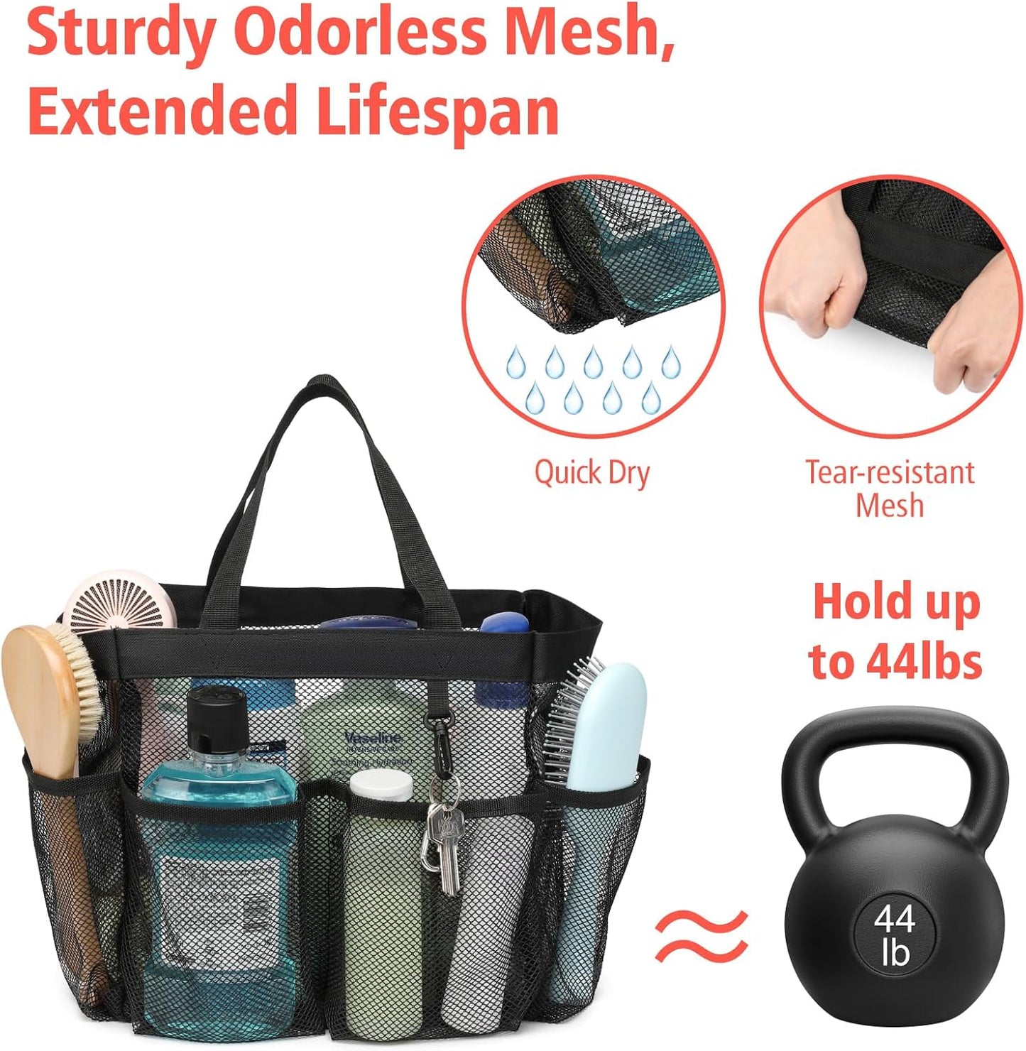 F-color Mesh Shower Caddy Portable, Upgrade Deeper 7 Pockets Shower Bag Basket Tote for College Dorm Room Bathroom Essentials Gym Camp Quick Dry 2 handles with S Hook, 2 Pack Black