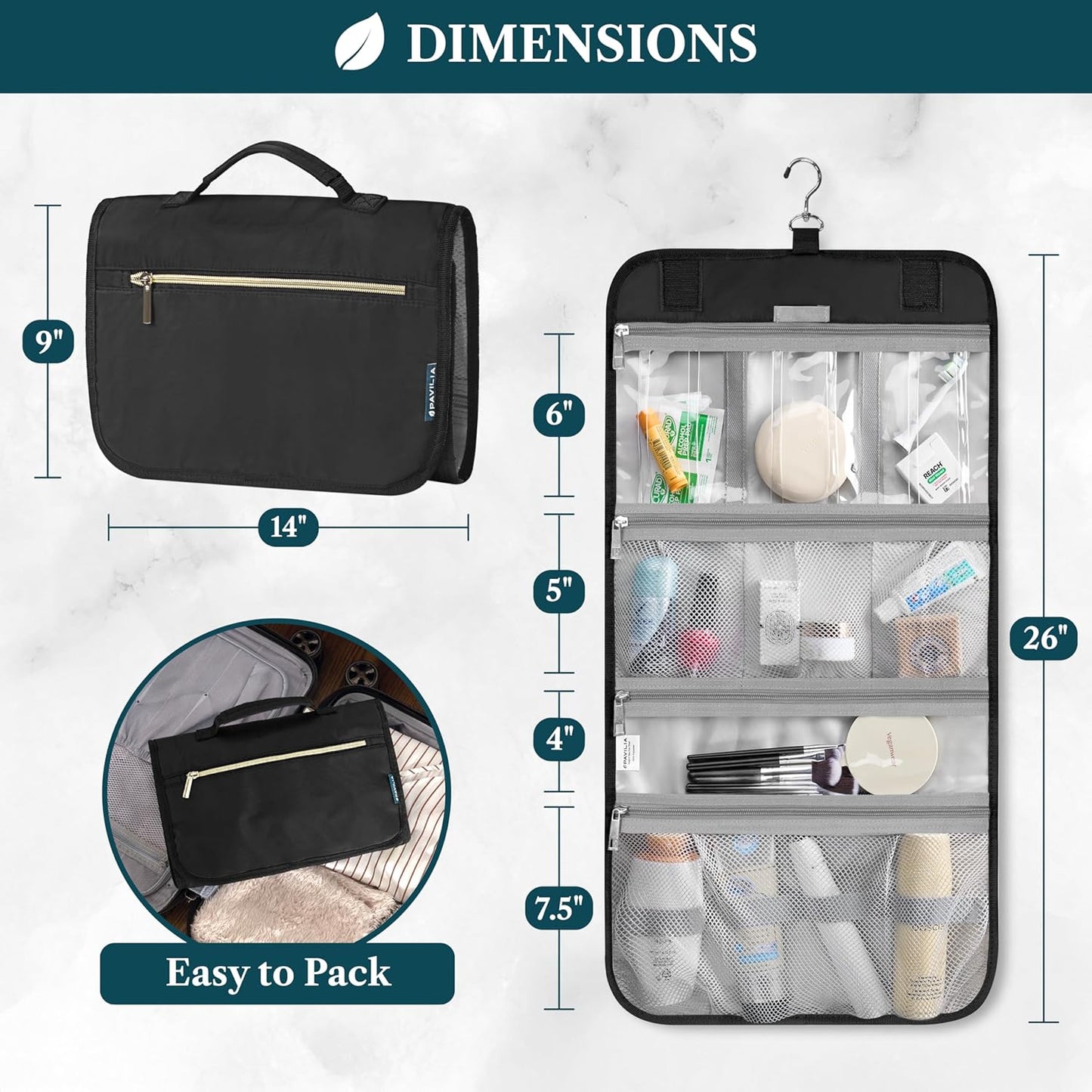 PAVILIA Hanging Toiletry Bag Women Men, Travel Kit Foldable Large Toiletries Organizer, Roll up Cosmetics Makeup Bag Accessories, Waterproof Essentials Jewelry Case (Black)