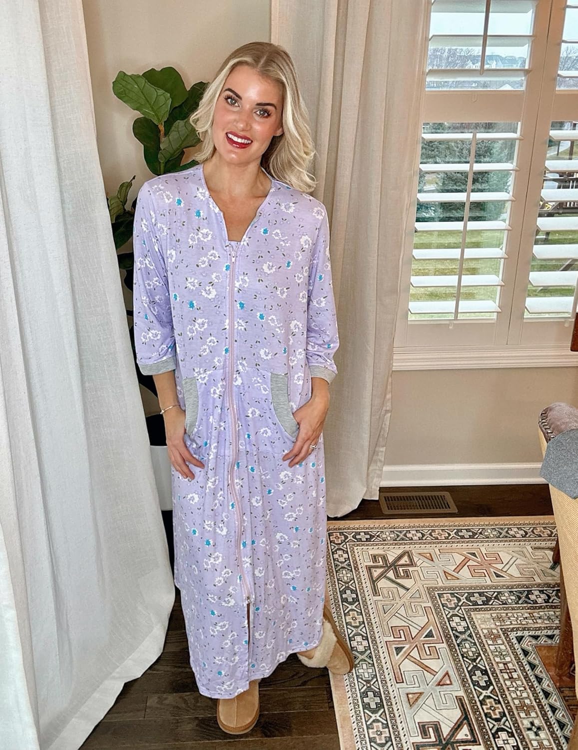 Ekouaer Women Zipper Robe 3/4 Sleeves Loungewear Dress Full Length Sleepwear Pockets Housecoat Nightgown Long Bathrobe