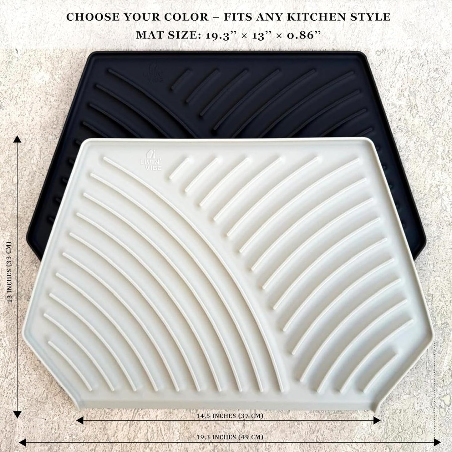 Silicone Dish Drying Mat with Drain, Self-Draining, Heat Resistant & Non-Slip Kitchen Counter Mat, Easy to Clean, Reusable, 19.3'' x 13'', Greige