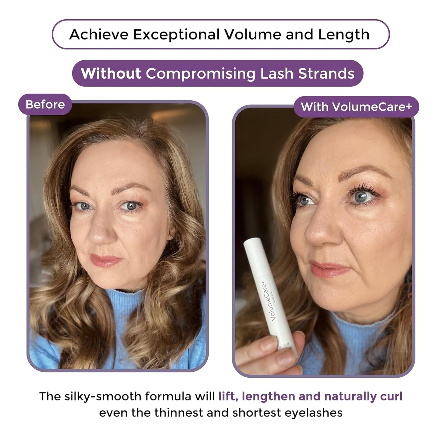 VolumeCare+ Mascara For Older Women - Extreme Length and Volume 2-in-1 Formula - No Clumps, Long-Wearing, Hypoallergenic Mascara For Sensitive Eyes (Natural Black)