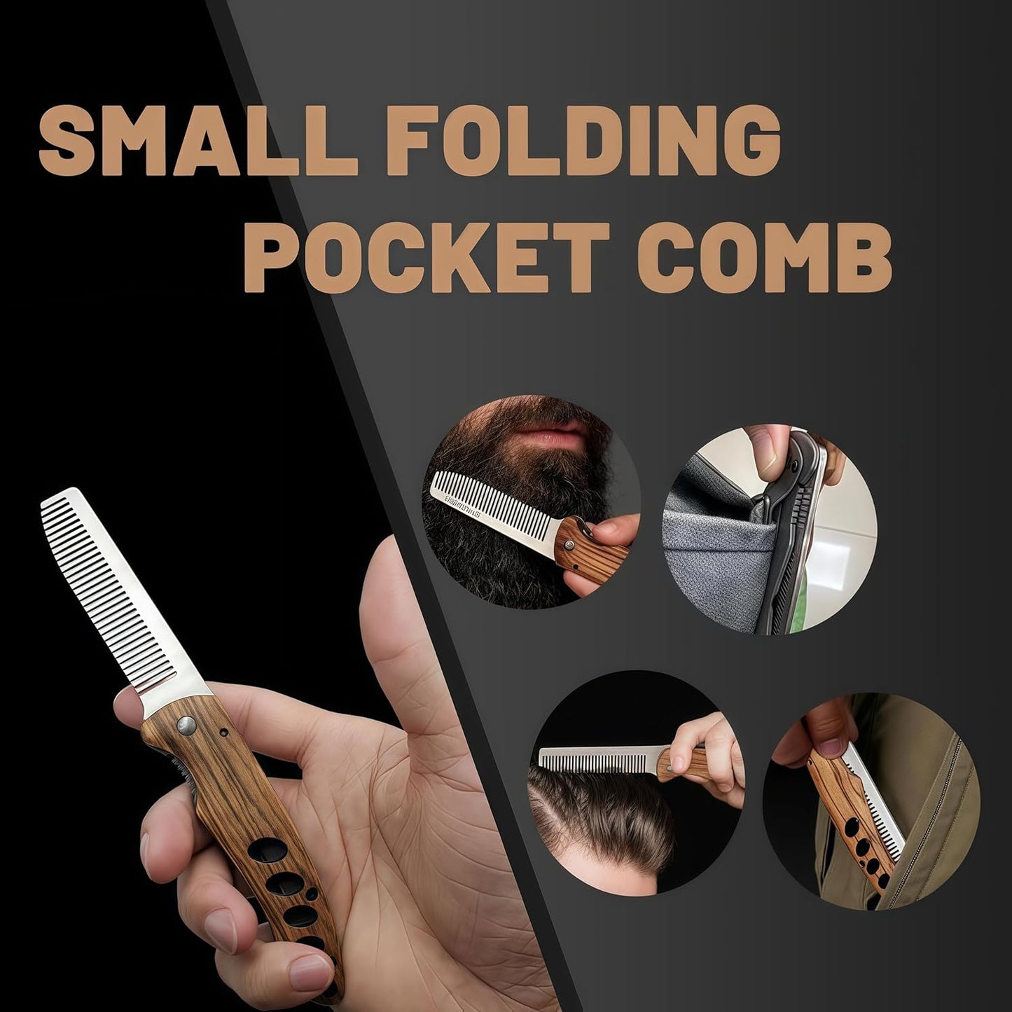 1PC Small Folding Pocket Beard & Mustache & Hair Styling Comb for Men - Metal Tactical Grooming Tool with Wooden Handle, with 180° Rotatable for Outdoor Travel & Home Use - Length 6.57inch
