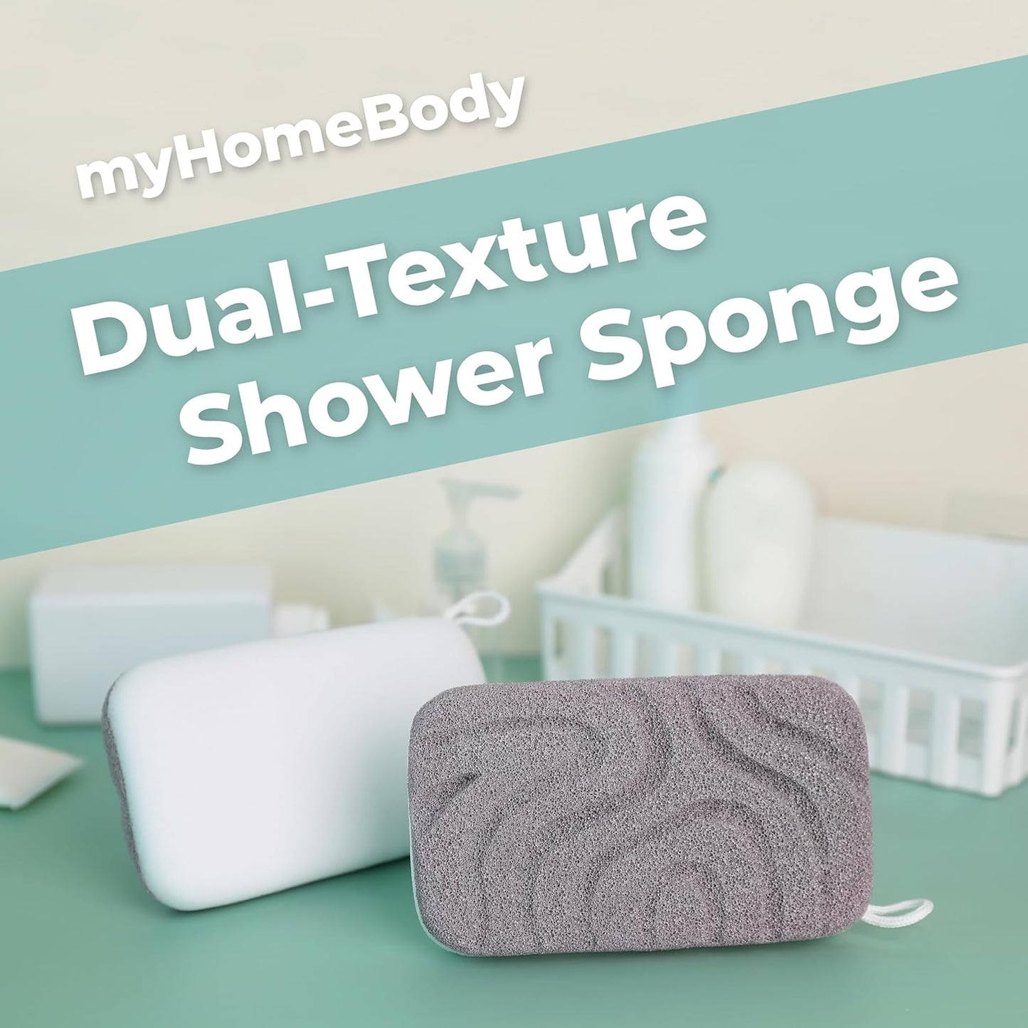 myHomeBody Dual-Texture Shower Sponge, Beauty Body Scrubber Exfoliator for Women, Exfoliating Loofah for Men, 2pc