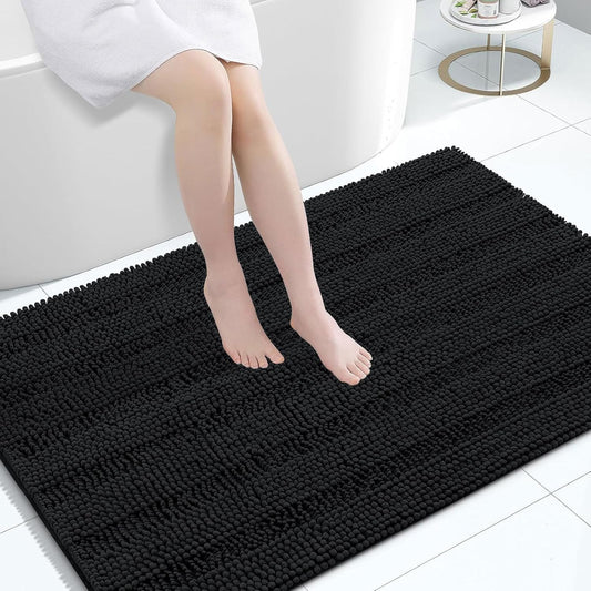 Grandaily Chenille Striped Bathroom Rugs 47x32, Extra Thick and Absorbent Bath Mats, Non-Slip Soft Plush Shaggy Shower Carpet, Machine Wash Dry, Bath Rug for Bathroom, Black