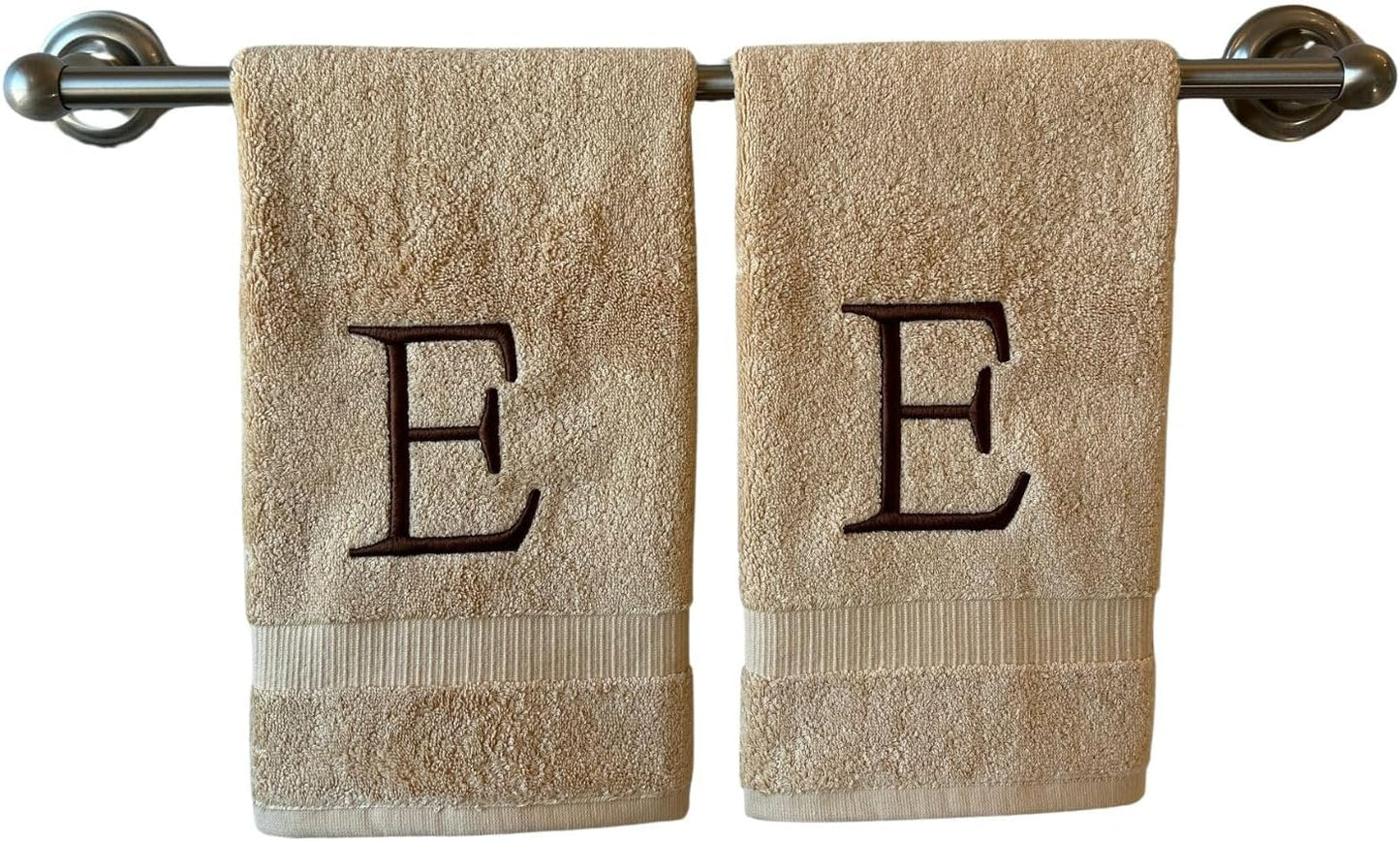 Beige Initial Hand Towel for Bathroom - Monogrammed Luxury Hotel Quality Decorative Embroidered Towel for Powder Room, Spa - GOTS Organic Certified - Set of 2 Brown Letter E