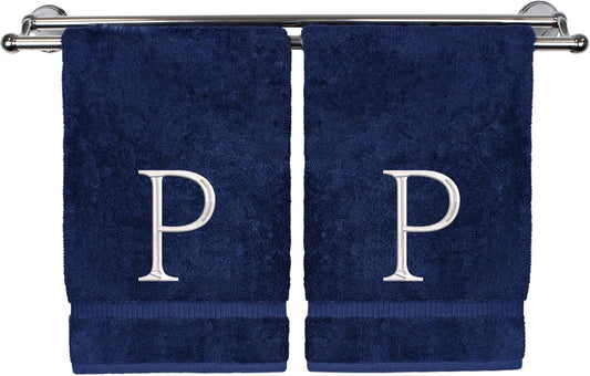 Monogrammed Hand Towel, Personalized Initial Gift, Extra Absorbent 100% Turkish Cotton - Soft Terry Finish - Set of 2 - White Block Initial P - Embroidered on Navy Blue Towels