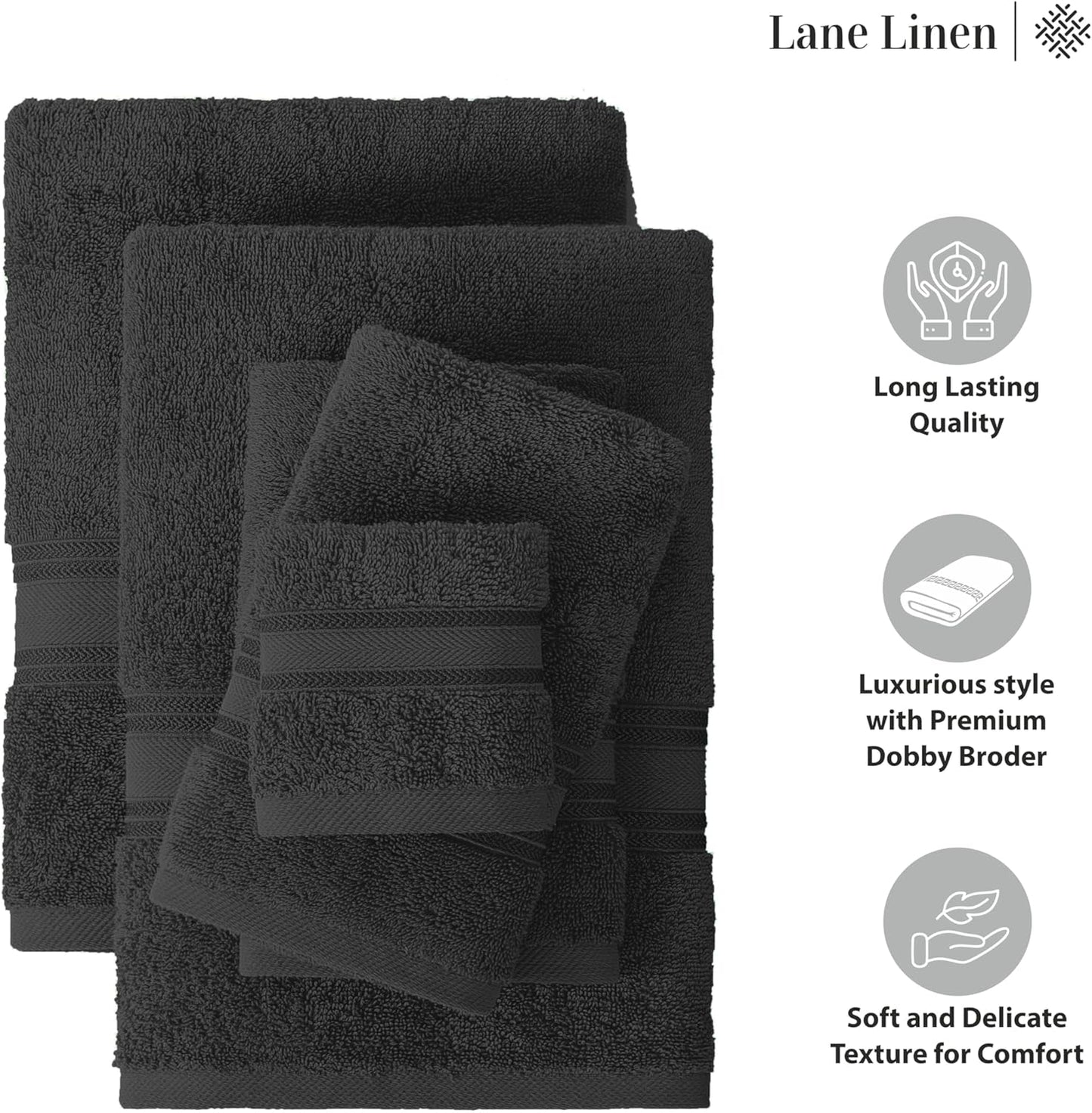 Lane Linen Luxury Bath Towels Set - 6 Piece Set, 100% Cotton Bathroom Towels, Zero Twist, Quick Dry Shower Towels, Absorbent Bath Towel, Super Soft, 2 Bath Towels, 2 Hand Towels, 2 Wash Cloths - Black