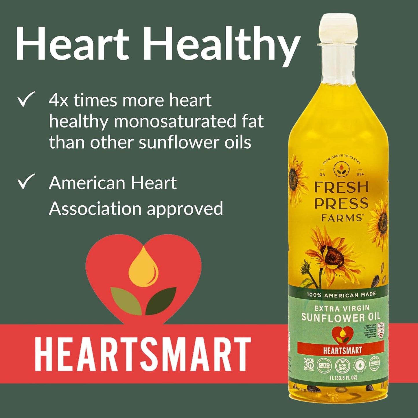 Fresh Press Farms Cold Pressed Extra Virgin Sunflower Oil, 33.8 Fl Oz, High Oleic, Georgia Grown, 100% American Made, Unrefined, Certified Whole30, Non-GMO, Keto, Paleo, Gluten Free