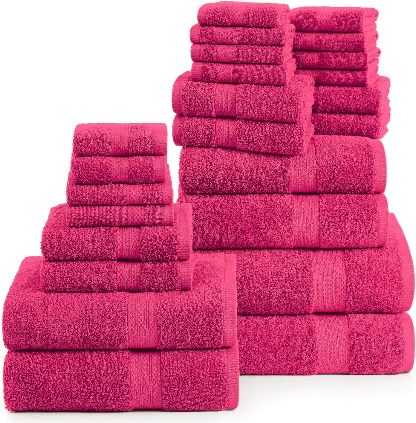 LANE LINEN 100% Cotton Bathroom Towel Set - 24 Pcs - Ring Spun, Super Soft & Highly Absorbent - 2 Bath Sheets, 4 Fingertip, 4 Bath, 6 Hand Towels, 8 Washcloths - Wide Variety of Colours - Fuchsia