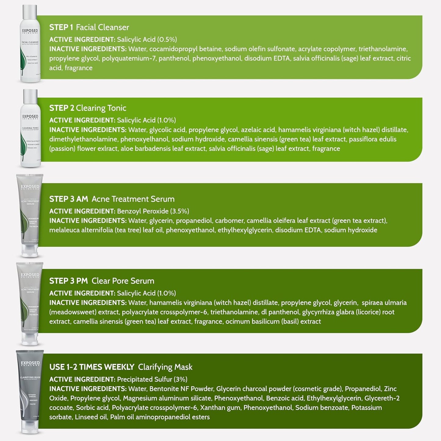 Exposed Skin Care, Acne Treatment Kit with 2.5% Salicylic Acid and 3.5% Benzoyl Peroxide to Clear Up Teen, Adult, Hormonal and Cystic Acne – Natural, Non-toxic and Cruelty Free