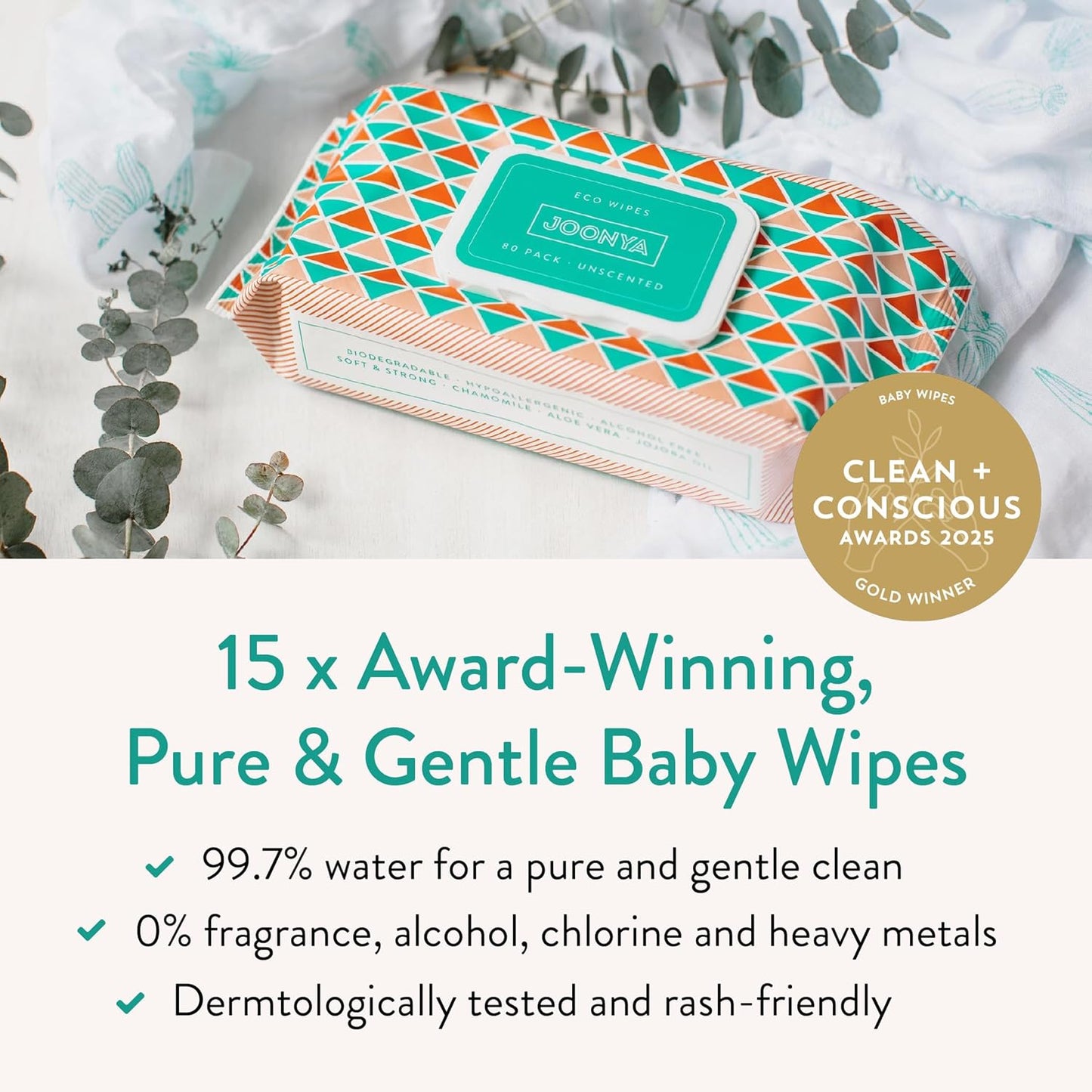 JOONYA Unscented Baby Wipes — Plant-Based, Fragrance-Free Diaper Wipes | Hypoallergenic, Non-Toxic, Compostable & Biodegradable Wet Wipes for Sensitive Newborn Skin | 1 Pack of 80 Wipes