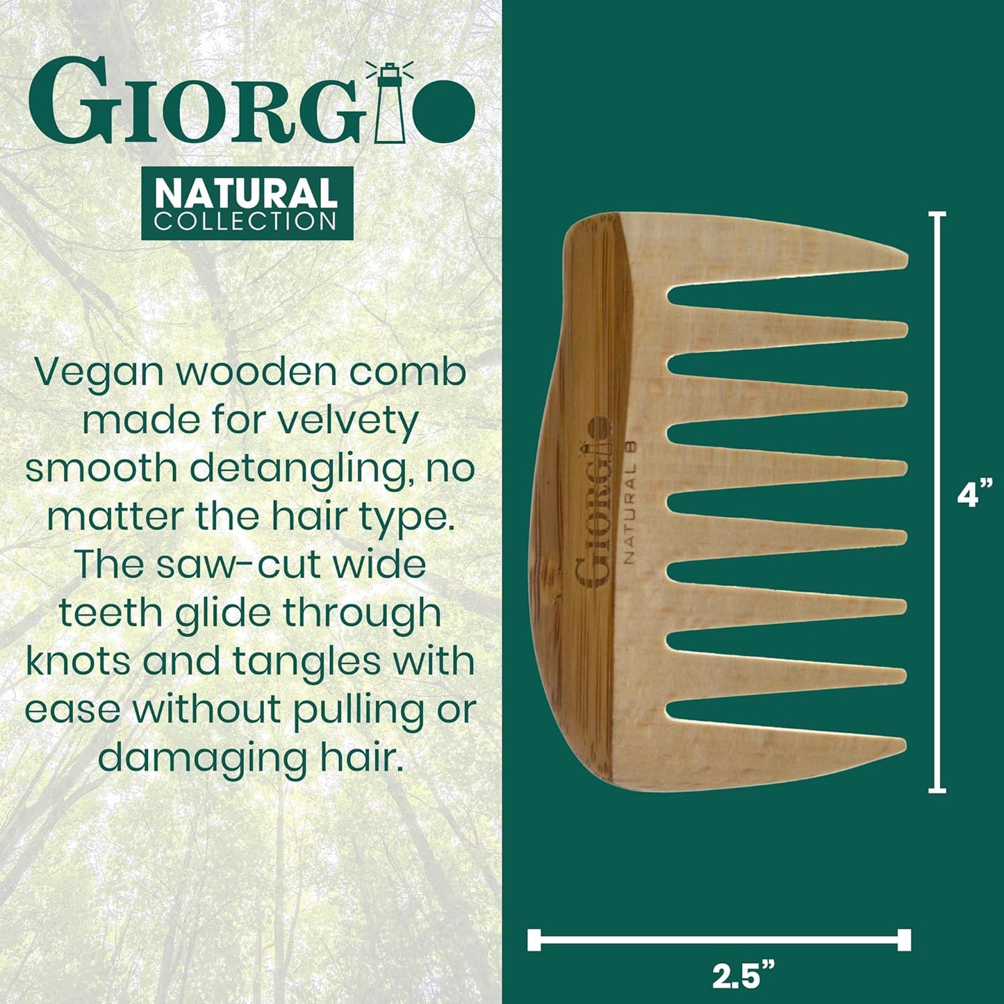 Giorgio GIONAT8 Small Natural Wooden Comb Detangler Wide Tooth Comb for Curly Hair, Bamboo and Beechwood Combs for Thick Hairs, Vegan Wooden Combs Perfect for Use with Long Thick Hair