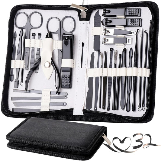 Manicure Set Pedicure Kit Womens Nail Clippers Set 32 in 1 Professional Grooming Care Tools Nail Kit Including Facial, Fingernails and Toenails Care with Travel Case Women (White/Black_32 in 1)