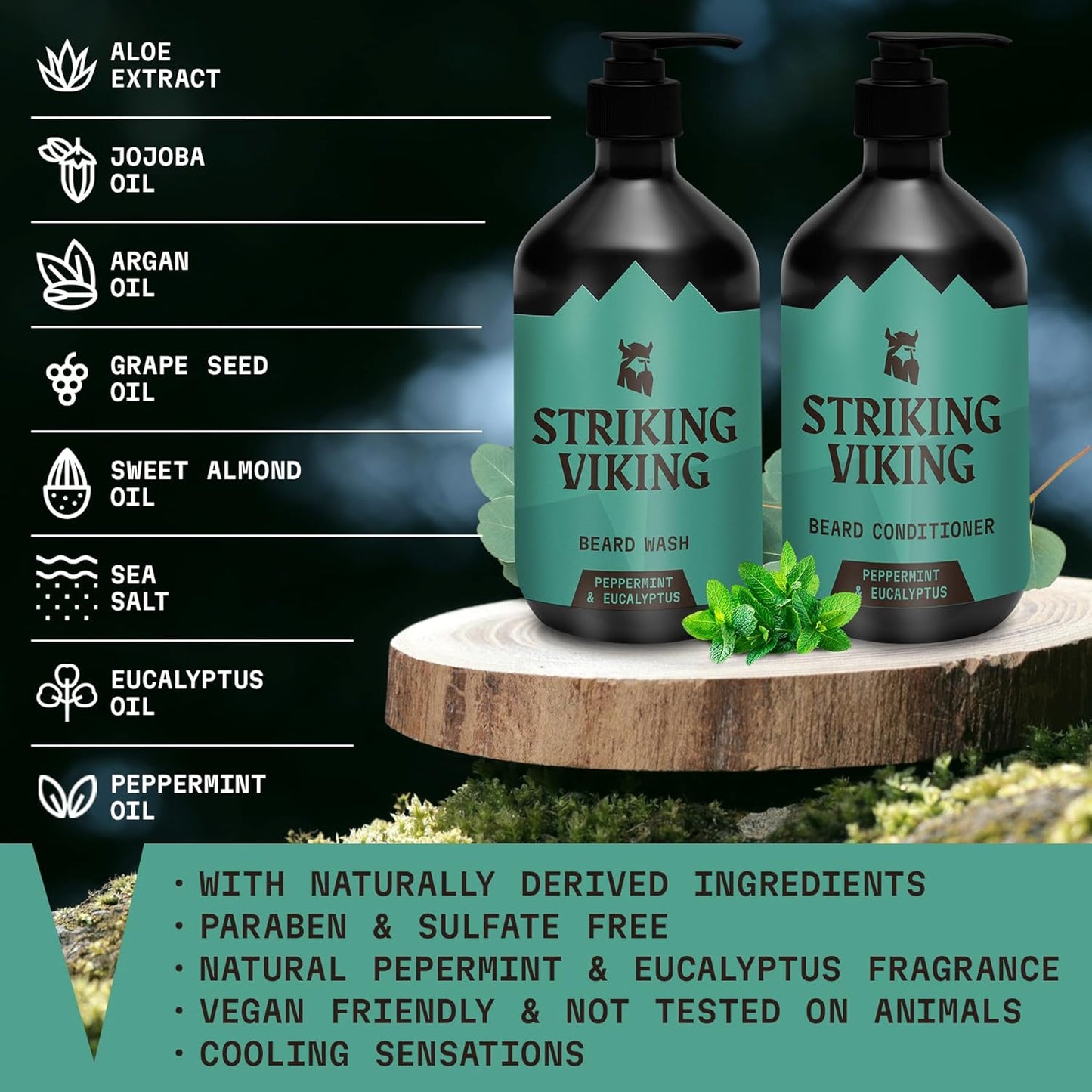 Striking Viking Beard Wash & Conditioner - 20 fl oz, Peppermint & Eucalyptus - Deep Clean & Itch Relief Beard Wash and Conditioner for Men - Hydrating Jojoba Facial Oil Treatment