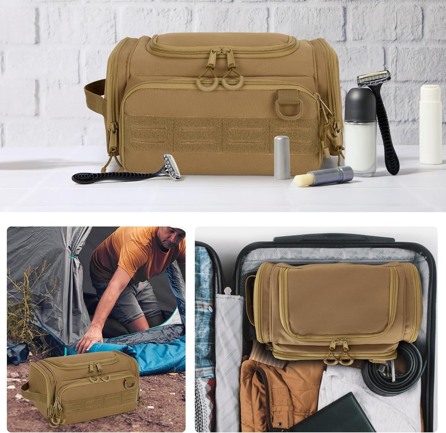 Tactical Toiletry Bag for Men, Hanging Hygiene Bag, Travel Dopp Kit Organizer for Shaving, Shower Essentials and Toiletries, Khkai (Empty Bag)