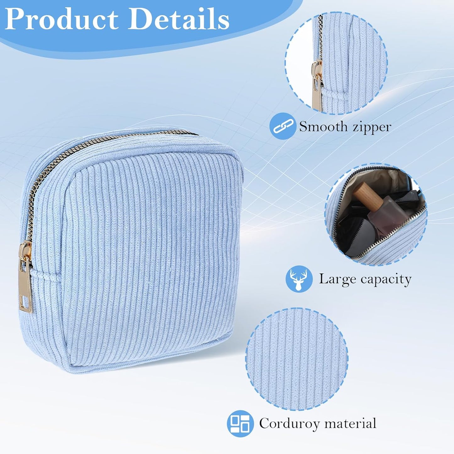 Period Bag for Teen Girls, Sanitary Napkin Storage Bag, Menstrual Bags, Corduroy Tampon Holder, Makeup Pouch with Zipper, Portable First Period Pouch (Sky Blue)
