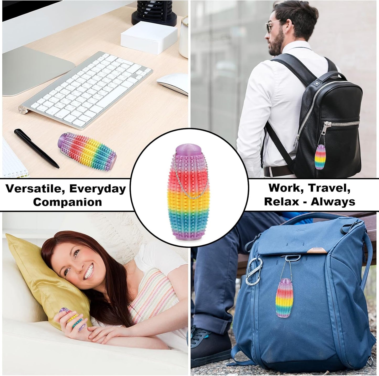 2 Pack Pain Stim Fidget Roller for Adults and Teens Spiky Sensory Hand Toy for Stress and Anxiety Relief, 3D Printed Discreet Keychain Fidget for Focus and Tactile Engagement(Rainbow+Rainbow)