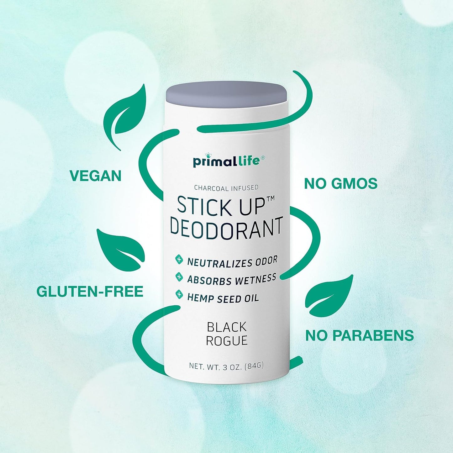 Stick Up Natural Deodorant for Women and Men with Bentonite Clay Powder, Arrowroot, Magnesium, Zinc, 3 oz. Vegan Deodorant for 3-4 months, Black Rogue - Primal Life Organics