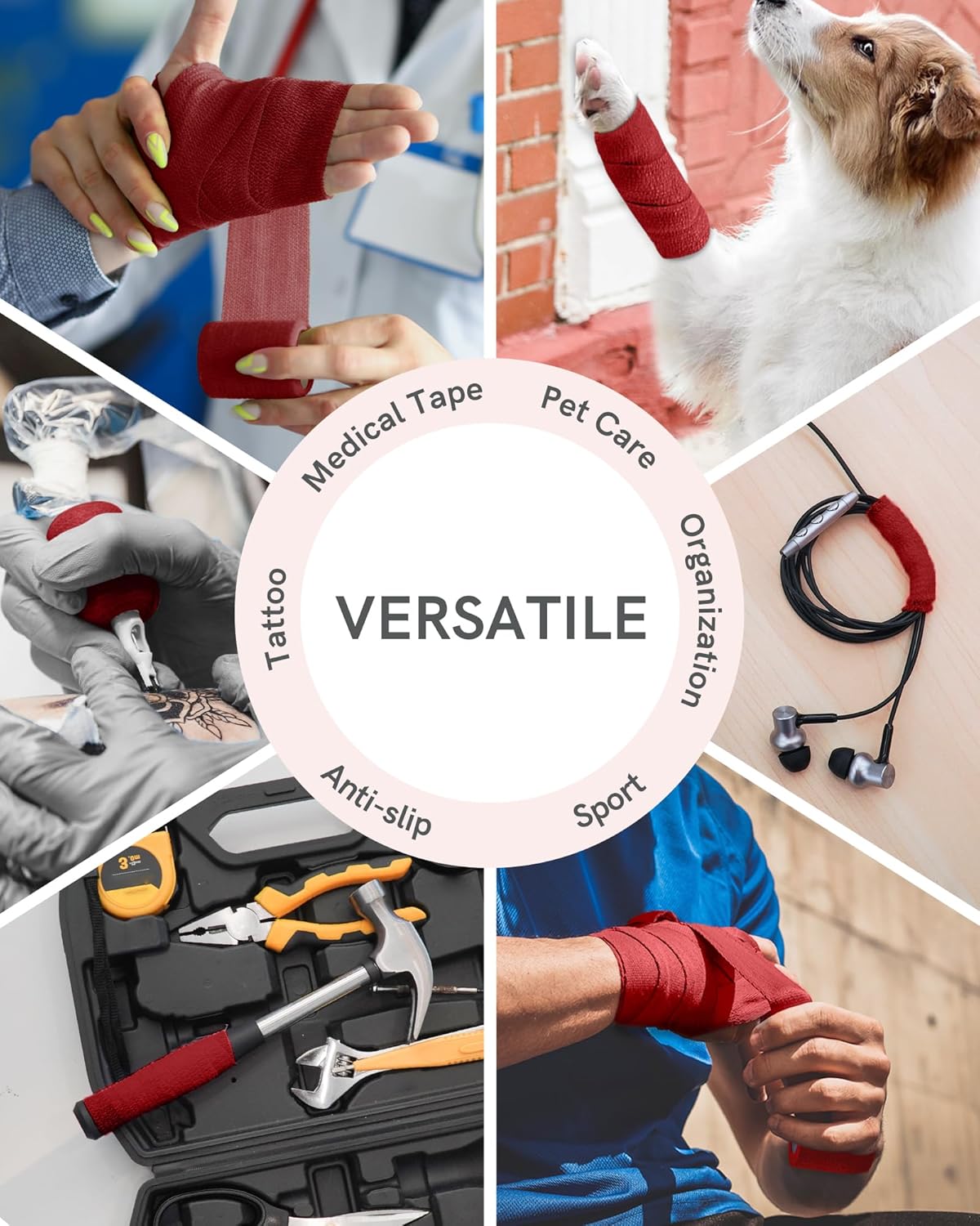 FriCARE Self Adhesive Bandage Wrap, Medical Tape in First Aid Kit, Cohesive Bandages for Wounds Sport Vet, FSA/HSA Eligible, 2 Inches X 5 Yards 6 Rolls, Burgundy