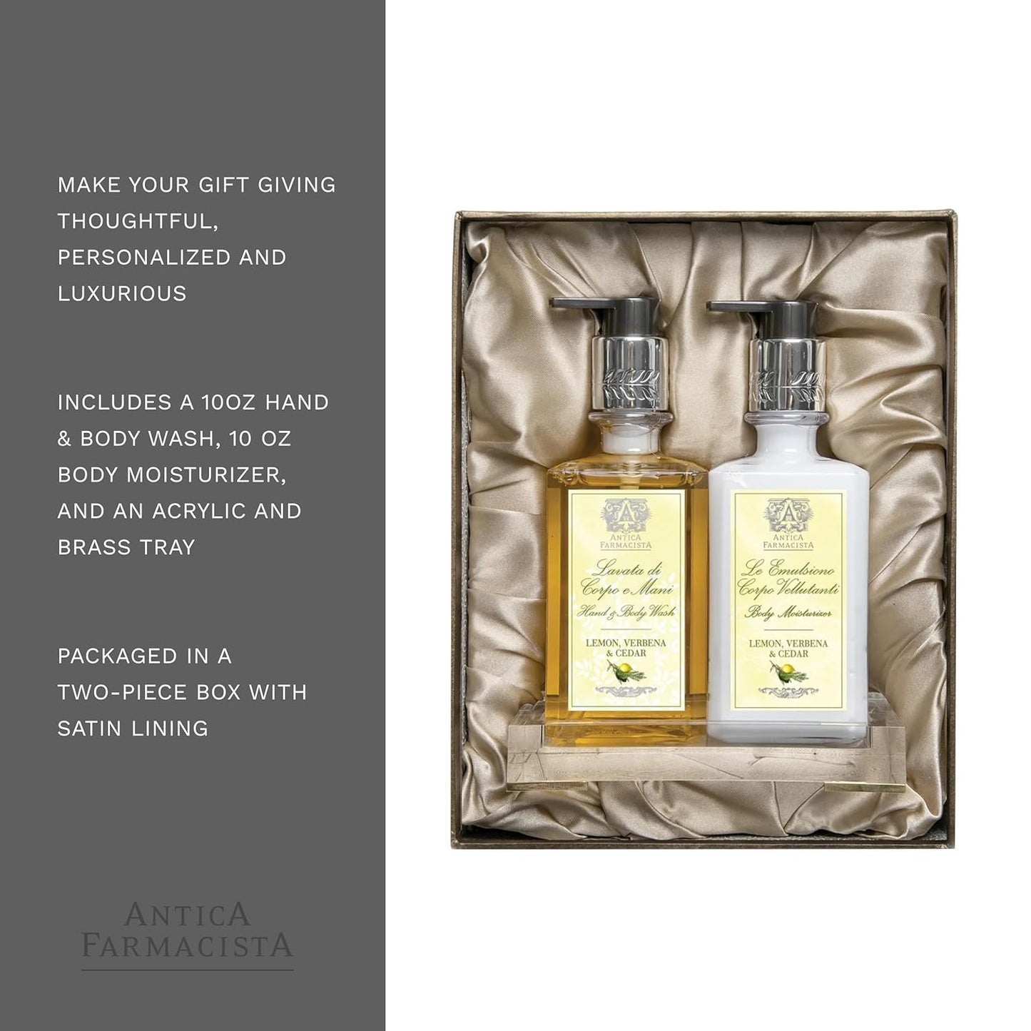 Antica Farmacista Acrylic Bath & Body Gift Set - Includes Body Wash, Body Moisturizer & Acrylic Tray - Bath & Body Gift Set for Women - Lemon Verbena & Cedar