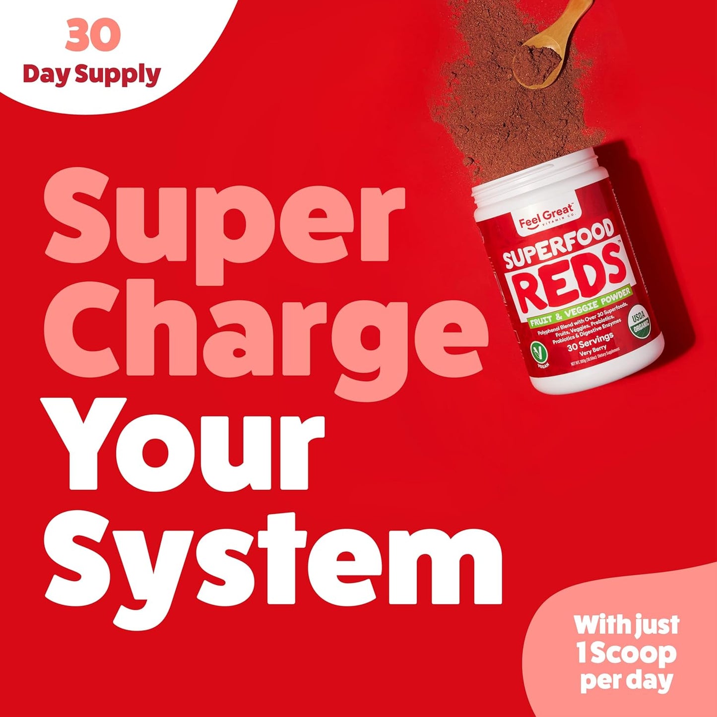 Feel Great Organic Superfood Reds Powder Packed with Beet Root Powder | Digestive Support Including Bloating Relief | Fruit and Veggie Polyphenols Supplement.