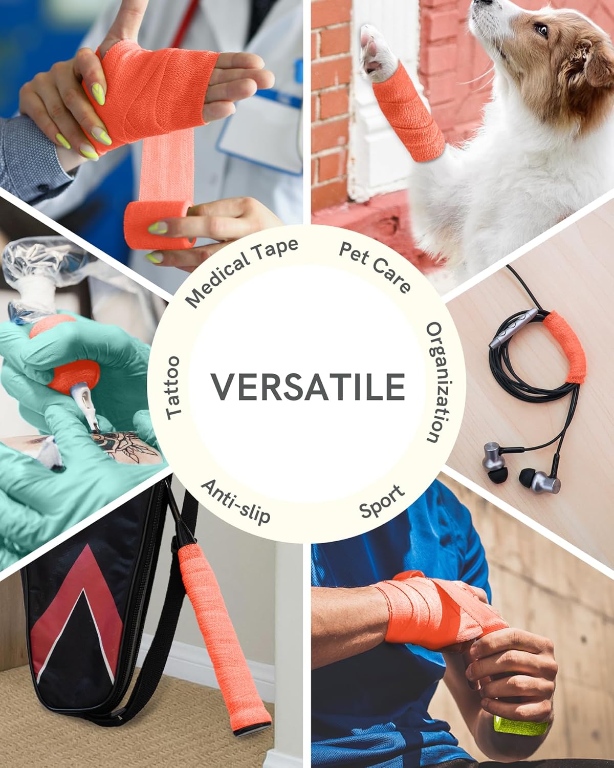 FriCARE Self Adhesive Bandage Wrap, Medical Tape in First Aid Kit, Cohesive Bandages for Wounds Sport Vet, FSA/HSA Eligible, 2 Inches X 5 Yards 6 Rolls, Fluorescent Orange