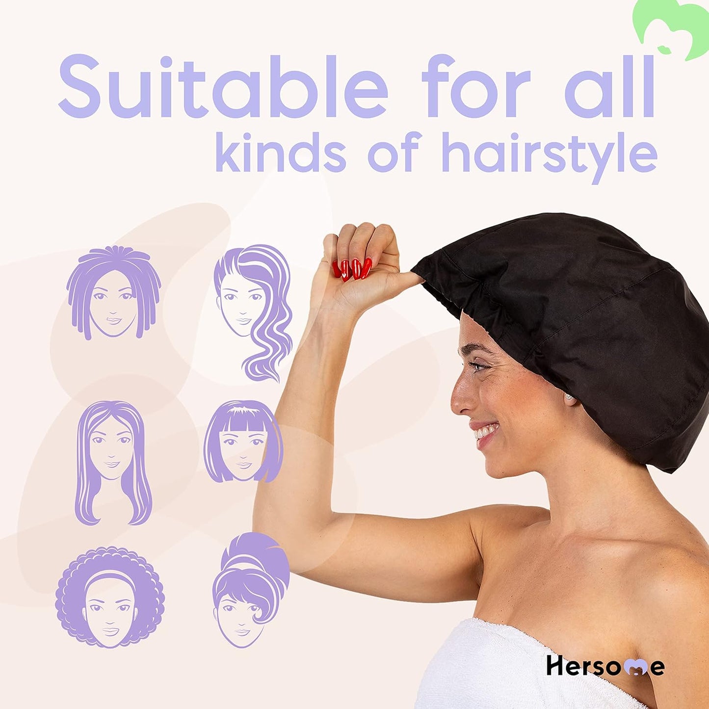 2 Premium Shower Cap for Women - 500+ Showers, 100% Waterproof, Double-Sided, For Long Hair & Great For Curls (Anti-Frizz) (Black & Purple)