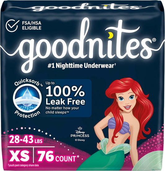 Goodnites Girls' Nighttime Bedwetting Underwear, Size Extra Small (28-43 lbs), 76 Ct (2 Packs of 38), Packaging May Vary