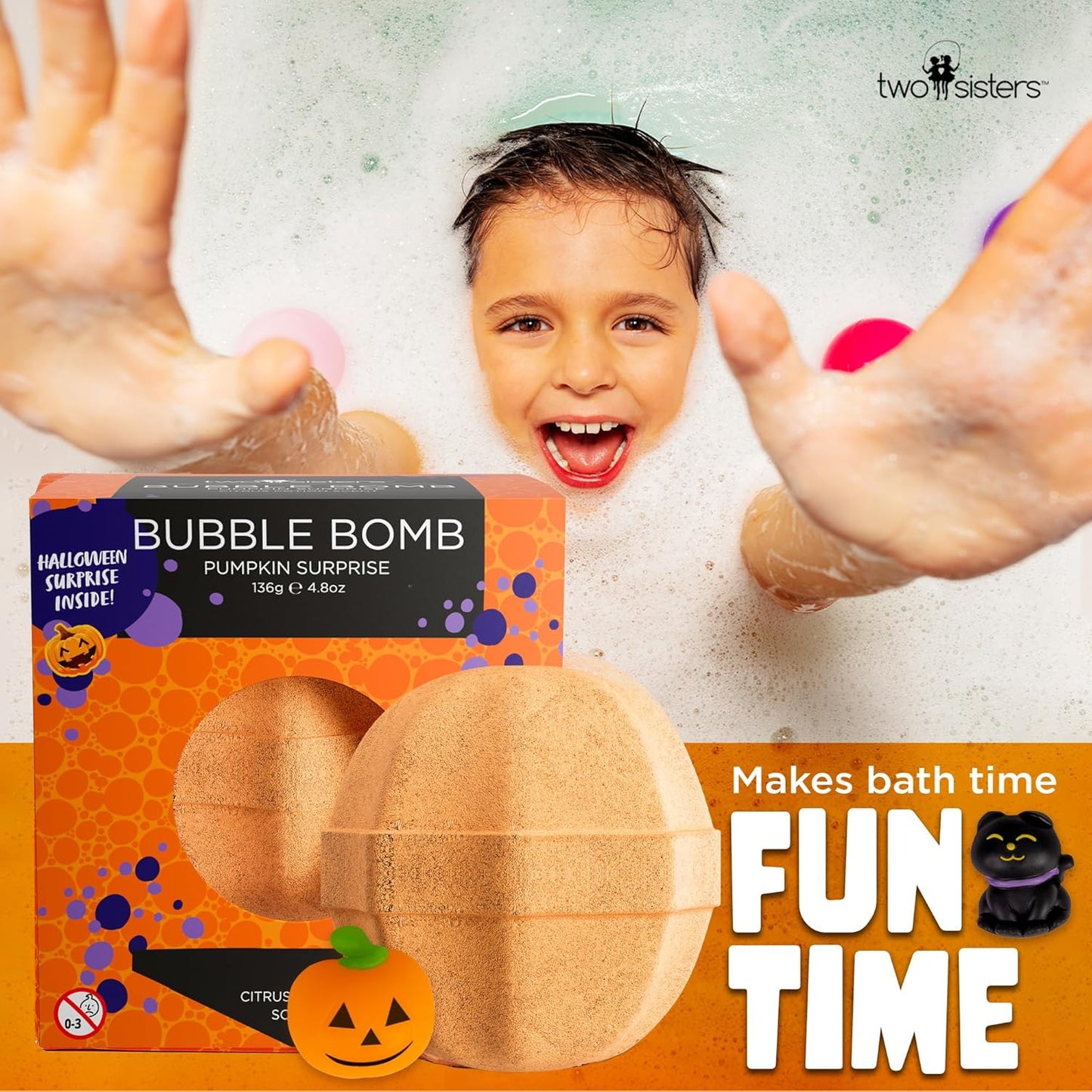 Halloween Bath Bomb for Kids with Surprise Halloween Toys Inside - Large Pumpkin Bath Bombs for Kids, Boys & Girls – Spooky Boo Basket Stuffers for Kids - Made in USA Bubble Bomb by Two Sisters