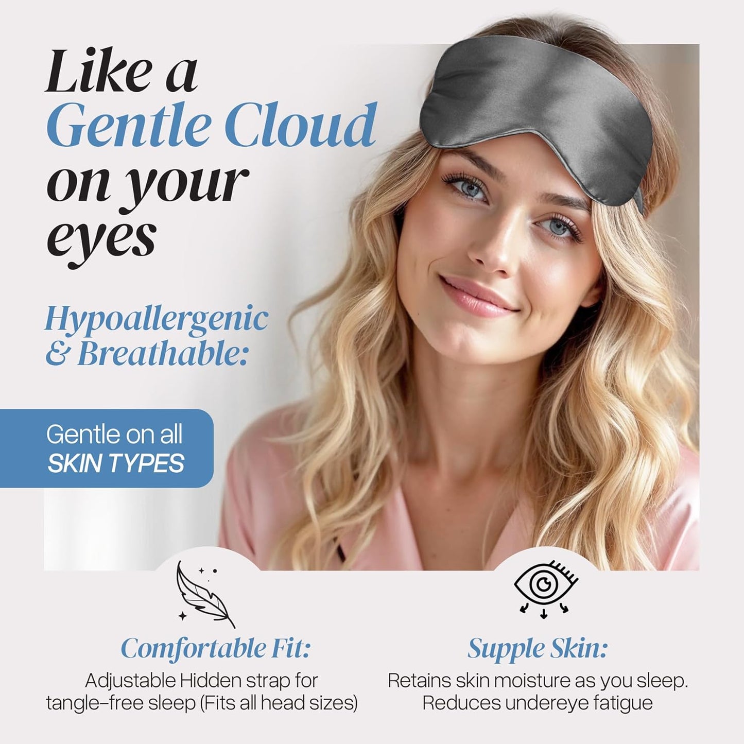 Adjustable Blackout Silk Sleep Mask - Luxurious 100% Pure Mulberry Eye Mask for Restful Sleep & Travel, Hypoallergenic, Cooling, for Women & Men, Grade 6A Silk (Charcoal Grey)